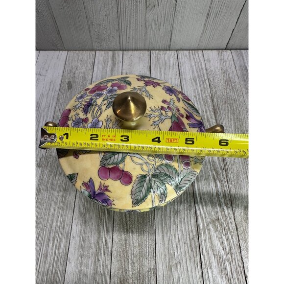Vtg Chinese Gilding Lidded Trinket Dish 6" Red Stamp Floral Plum Gold Handles - Picture 9 of 11